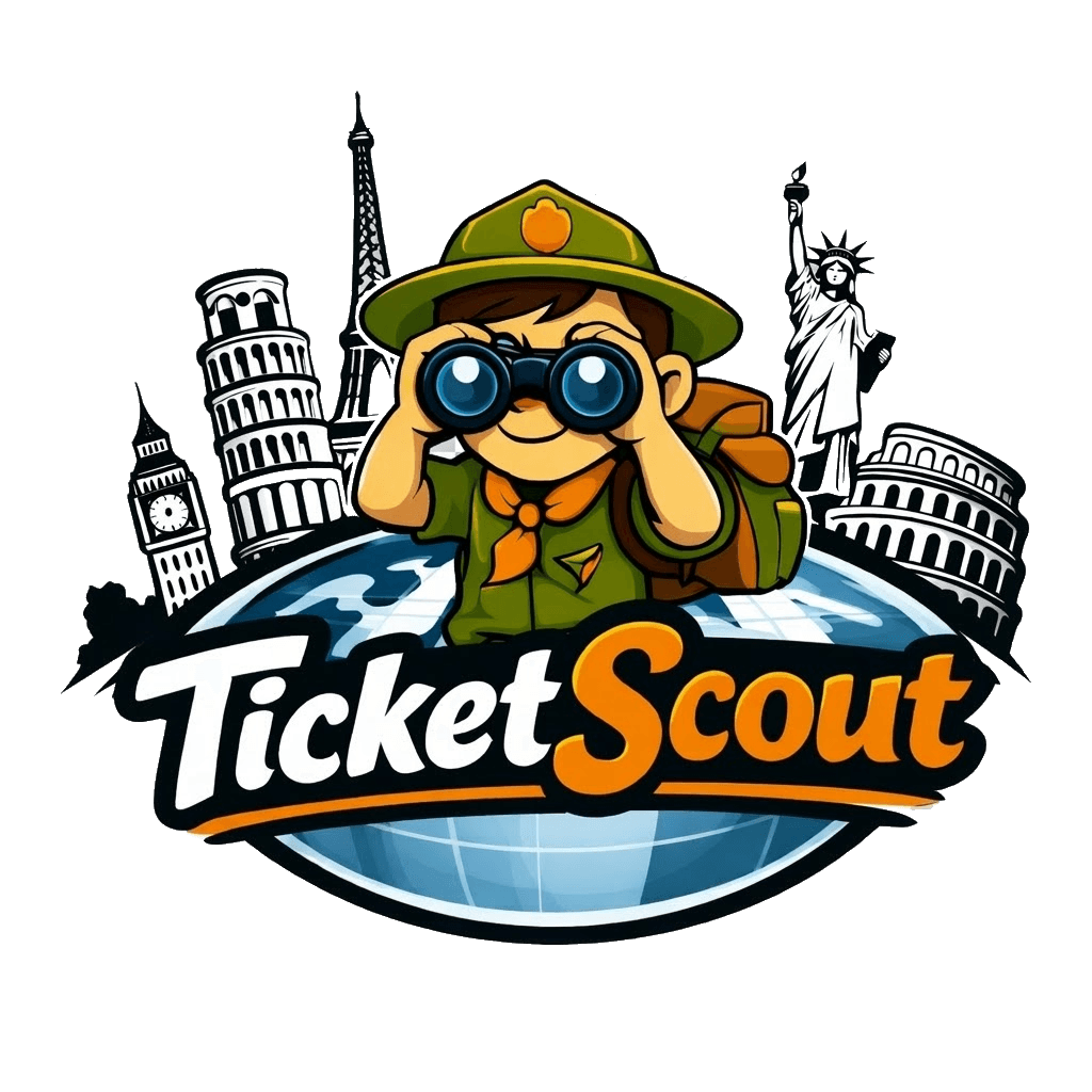 TicketScout mascot — a scout character with binoculars overlooking Paris monuments