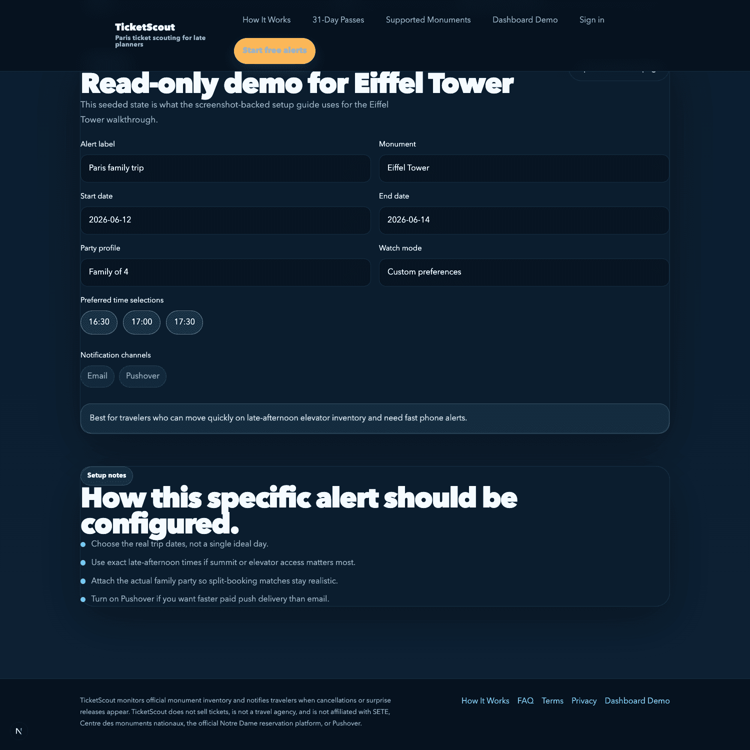 Eiffel Tower alert builder screenshot from the TicketScout dashboard